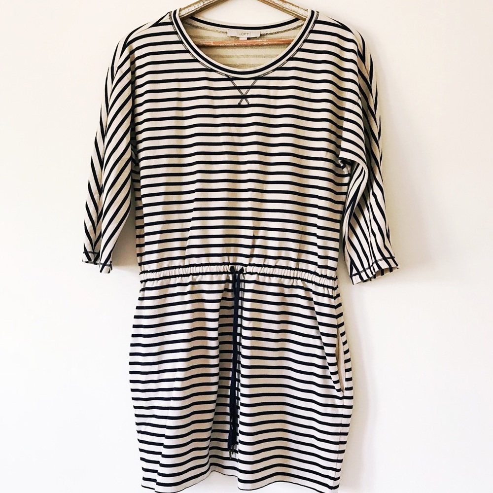 LOFT Tan & Navy Striped Casual Dress Large with Pockets!